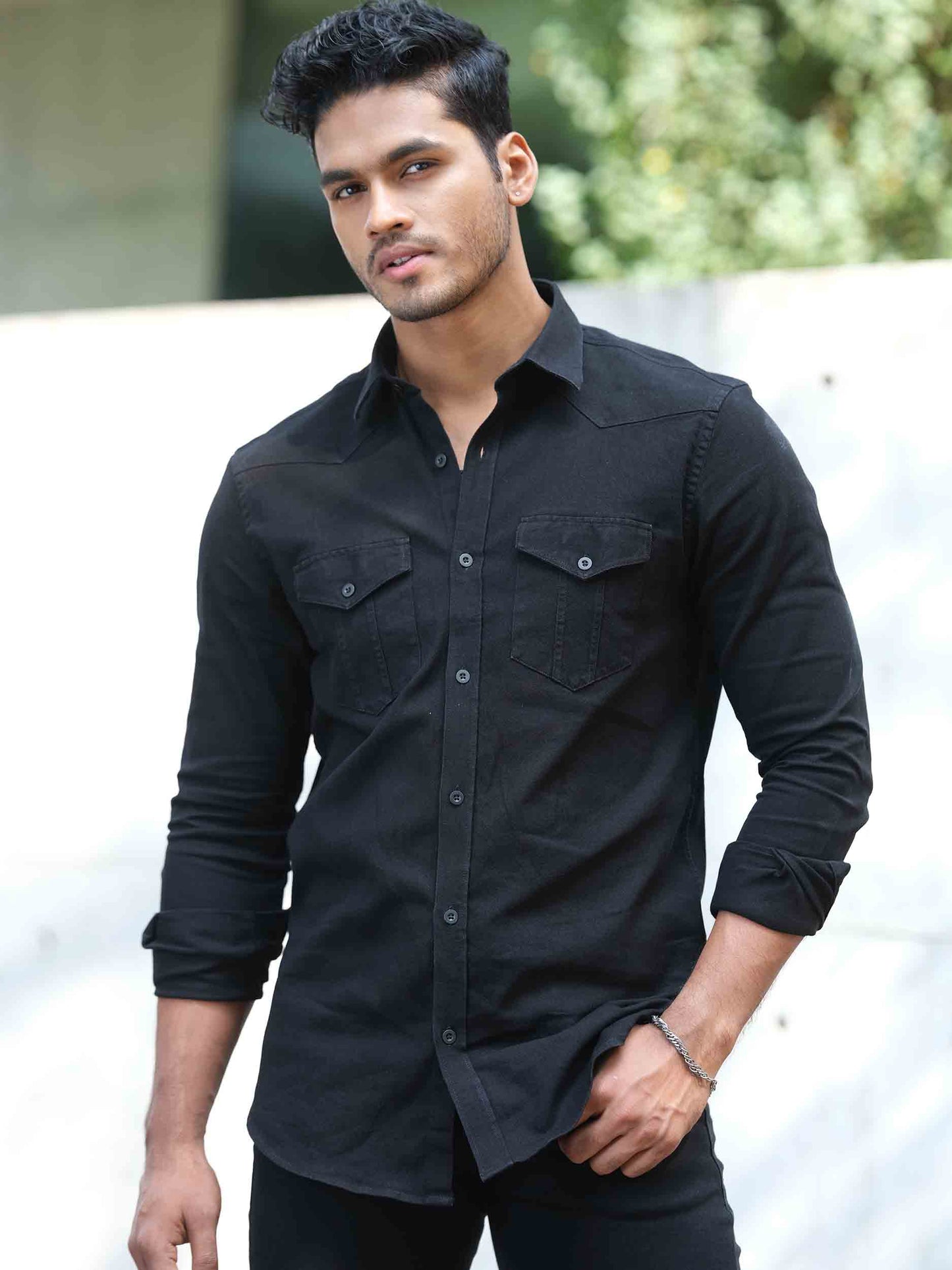 Black double pocket denim full sleeve shirt