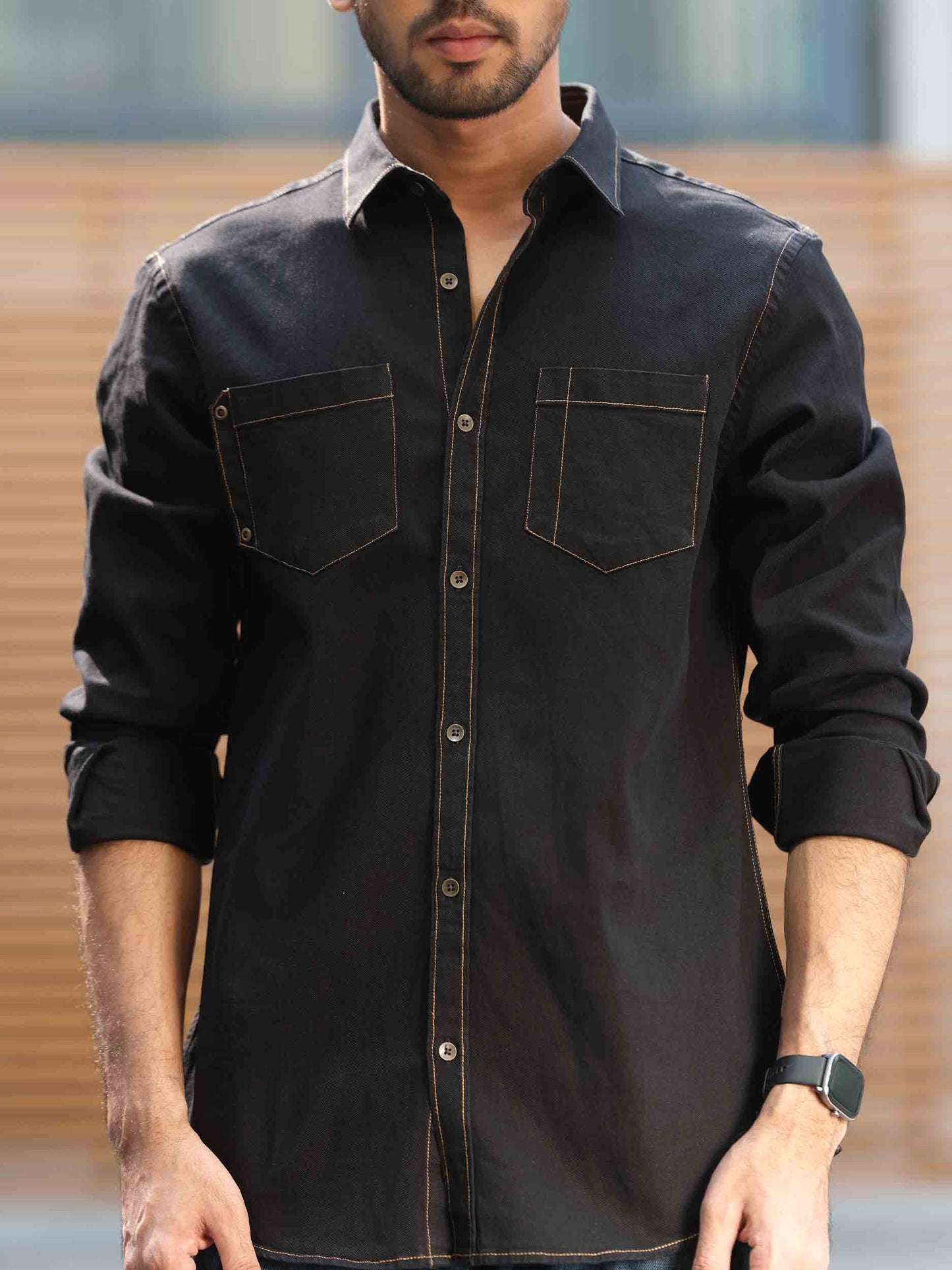 Black golden thread denim full sleeve shirt