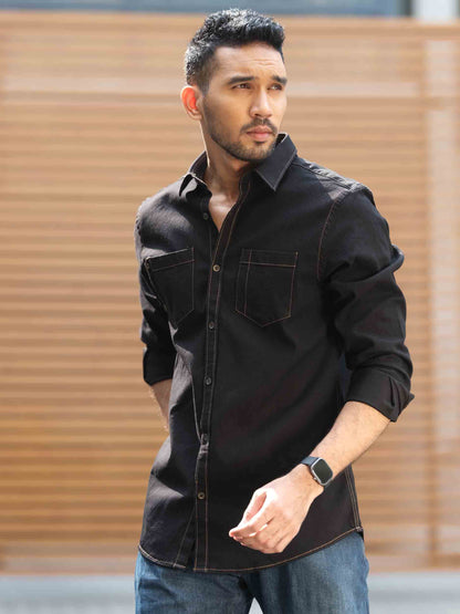 Black golden thread denim full sleeve shirt