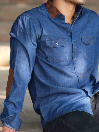 Blue collar and elbow contrast denim full sleeve shirt