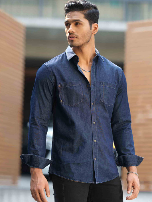 Blue - golden thread contrast denim full sleeve shirt