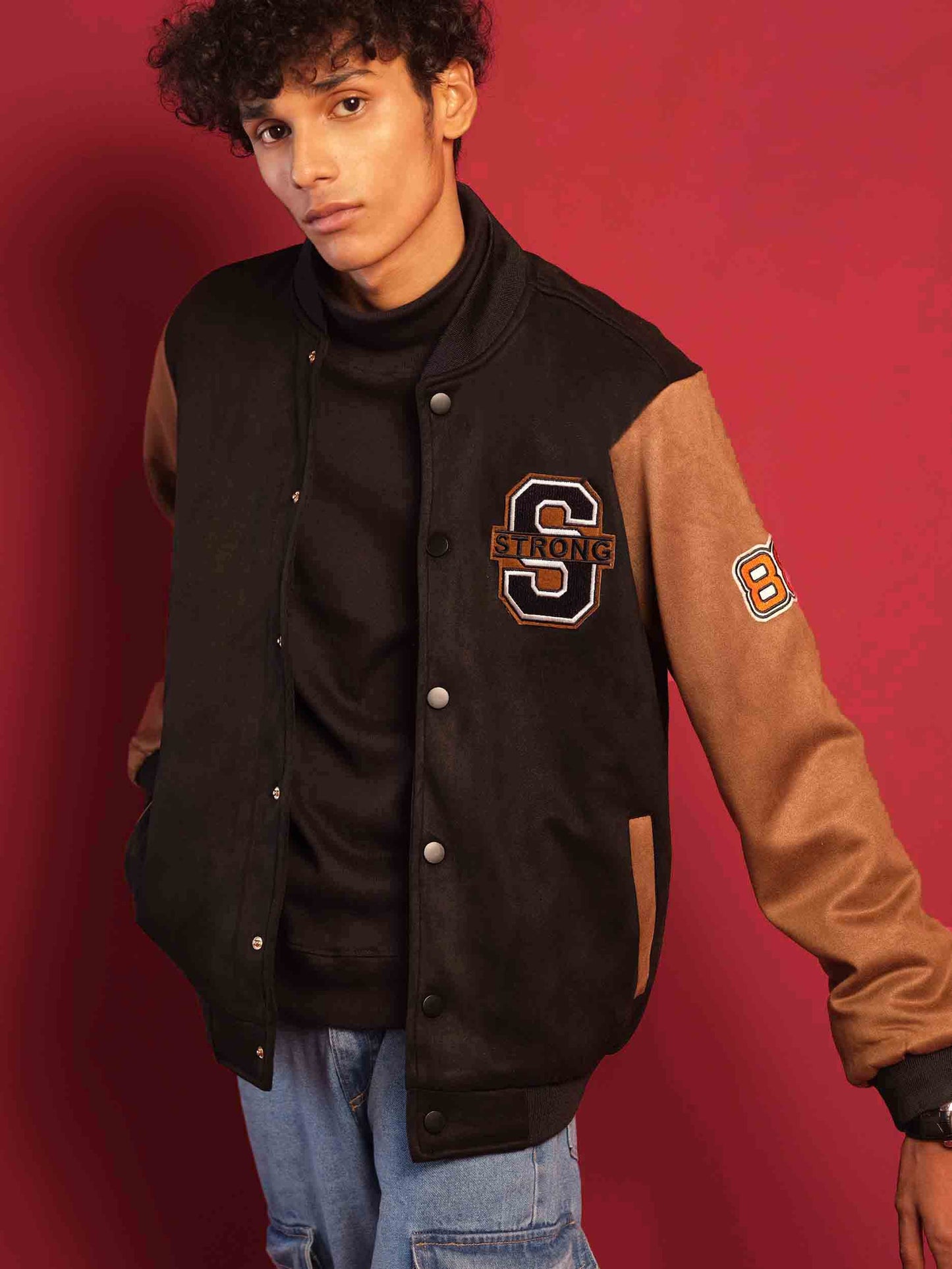 Black suede leather varsity jacket