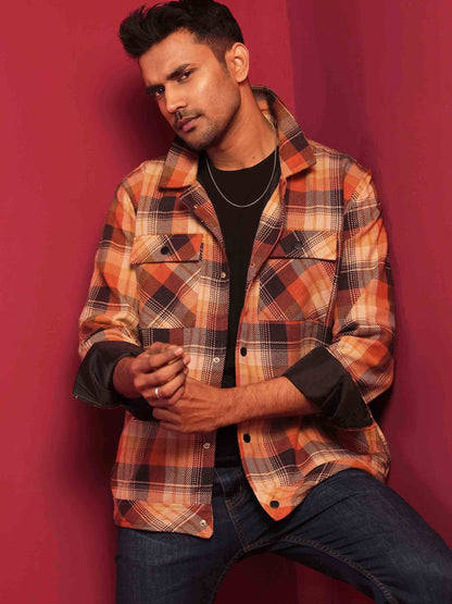 Orange coffee check flannel jacket