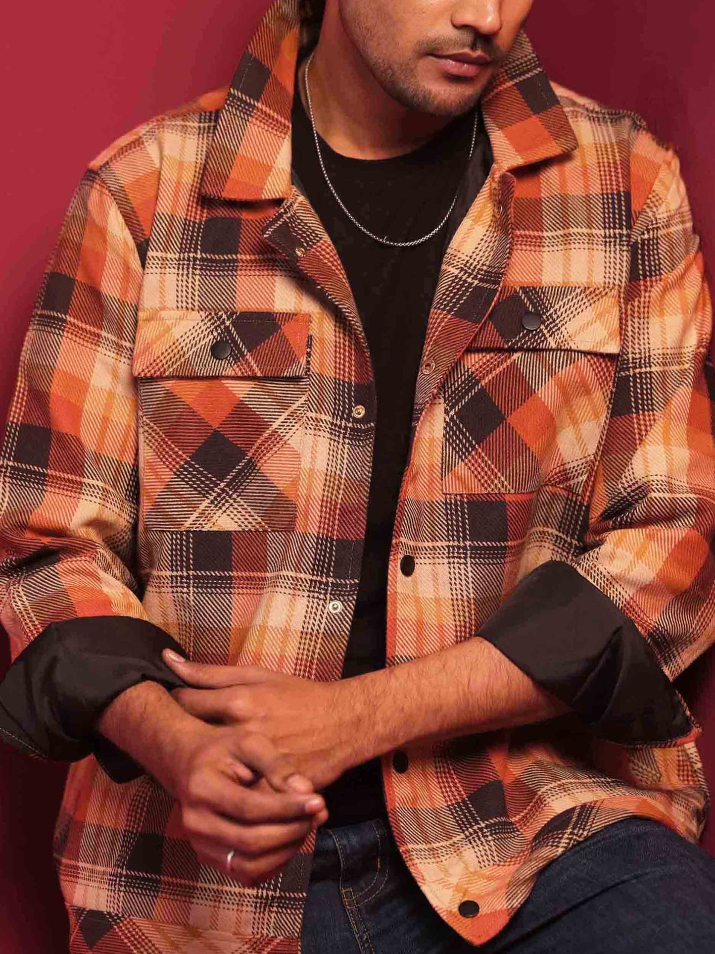 Orange coffee check flannel jacket