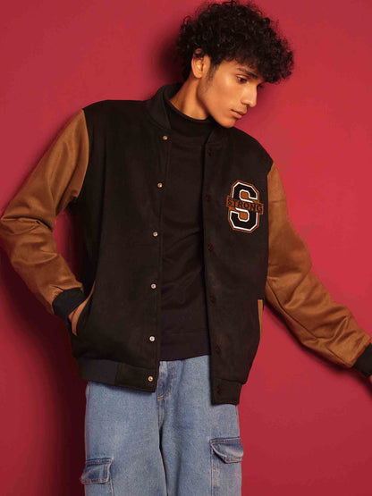 Black suede leather varsity jacket