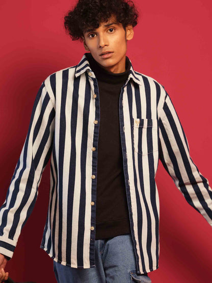 White and blue stripe denim full sleeve shirt