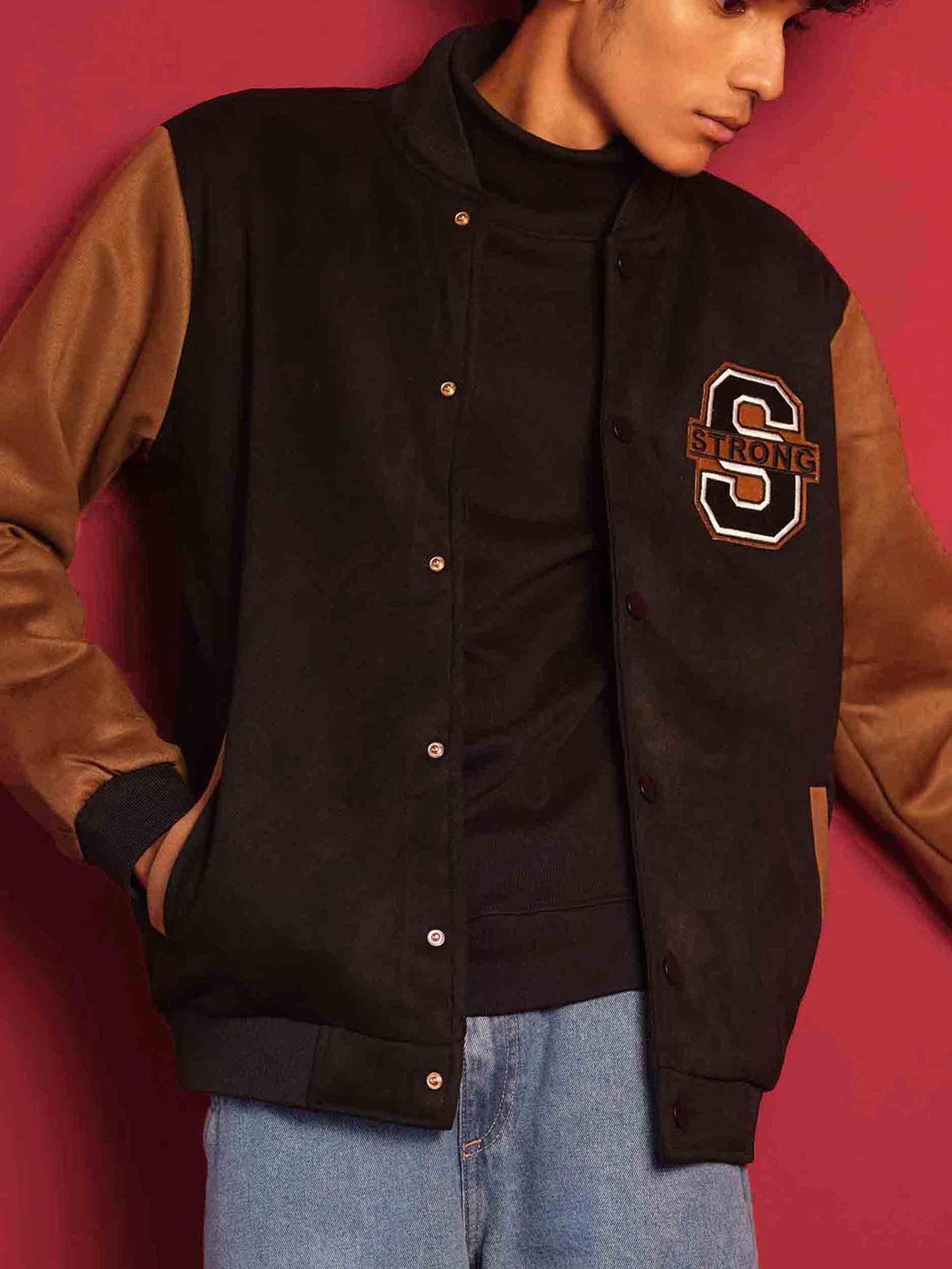 Black suede leather varsity jacket