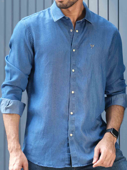 Light blue logo embroidered denim full sleeve shirt