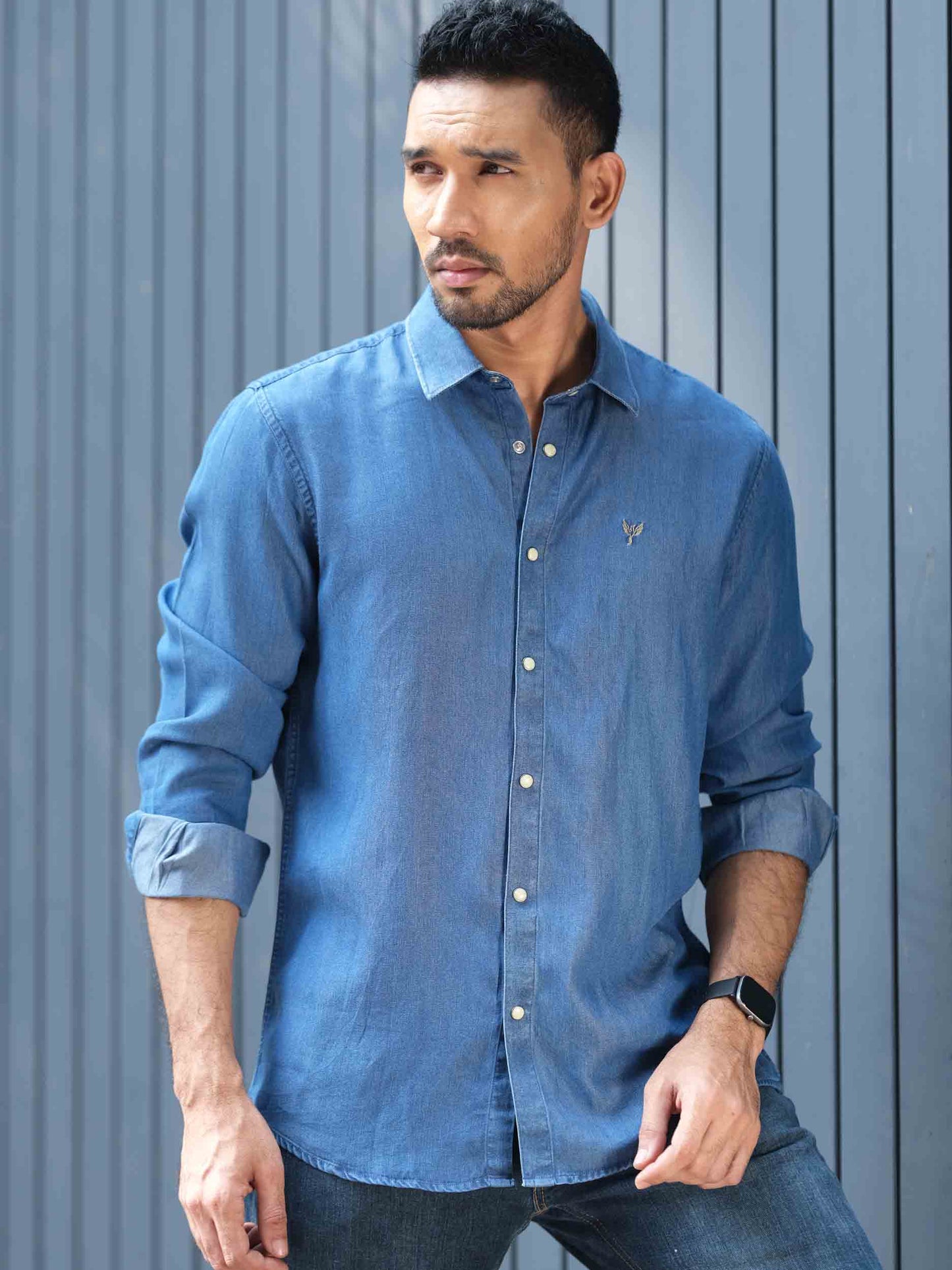 Light blue logo embroidered denim full sleeve shirt