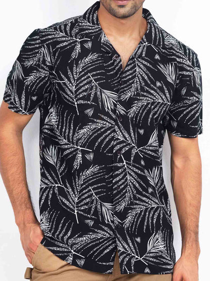 Black tropical palm leaf printed havana shirt