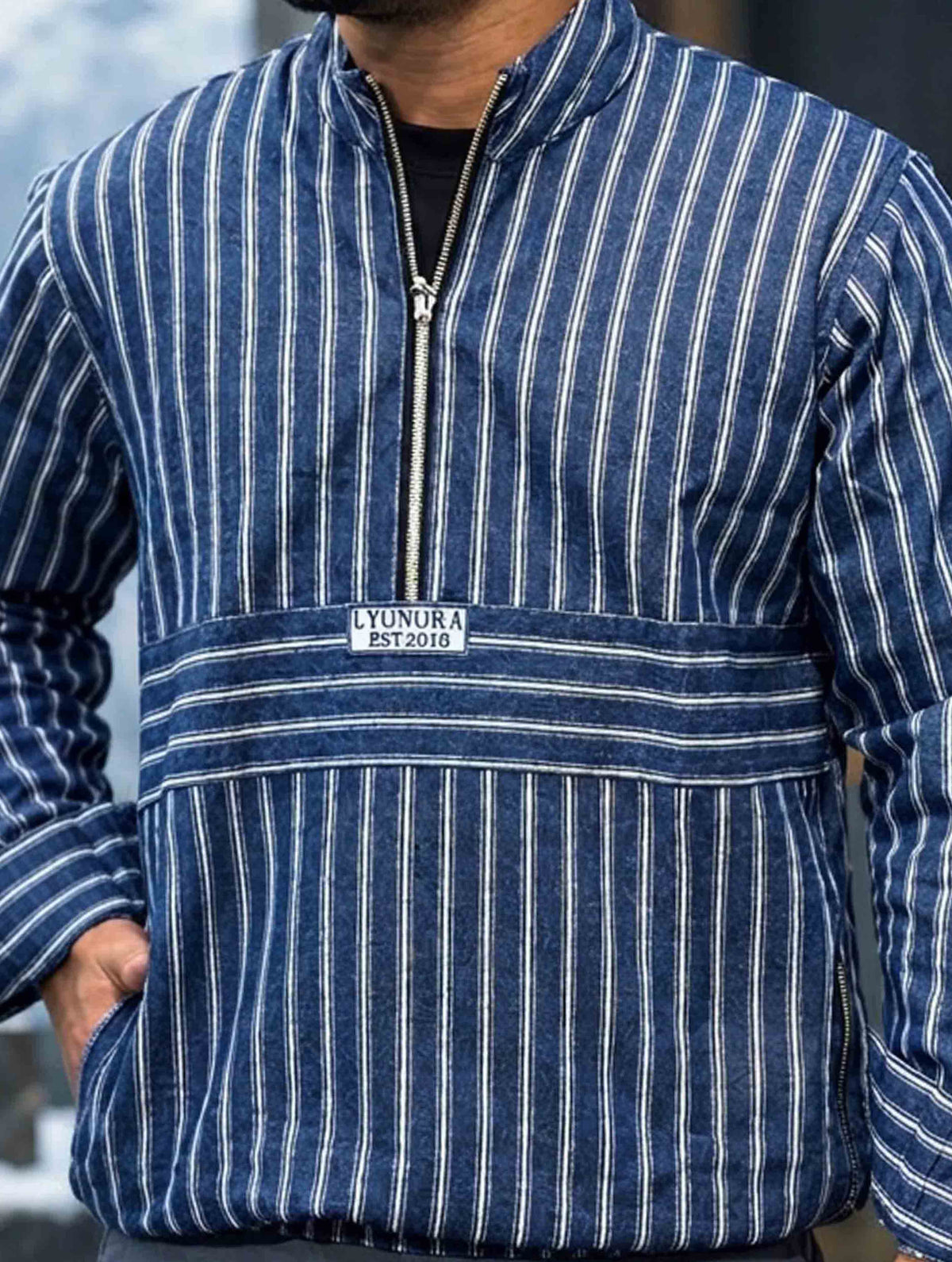 Blue white Thin stripe half zipper jacket