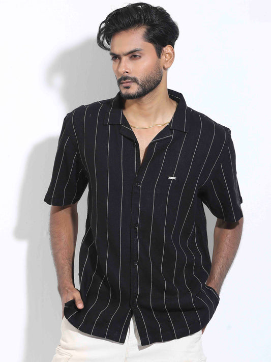 Jet Black white thin stripe Havana shirt