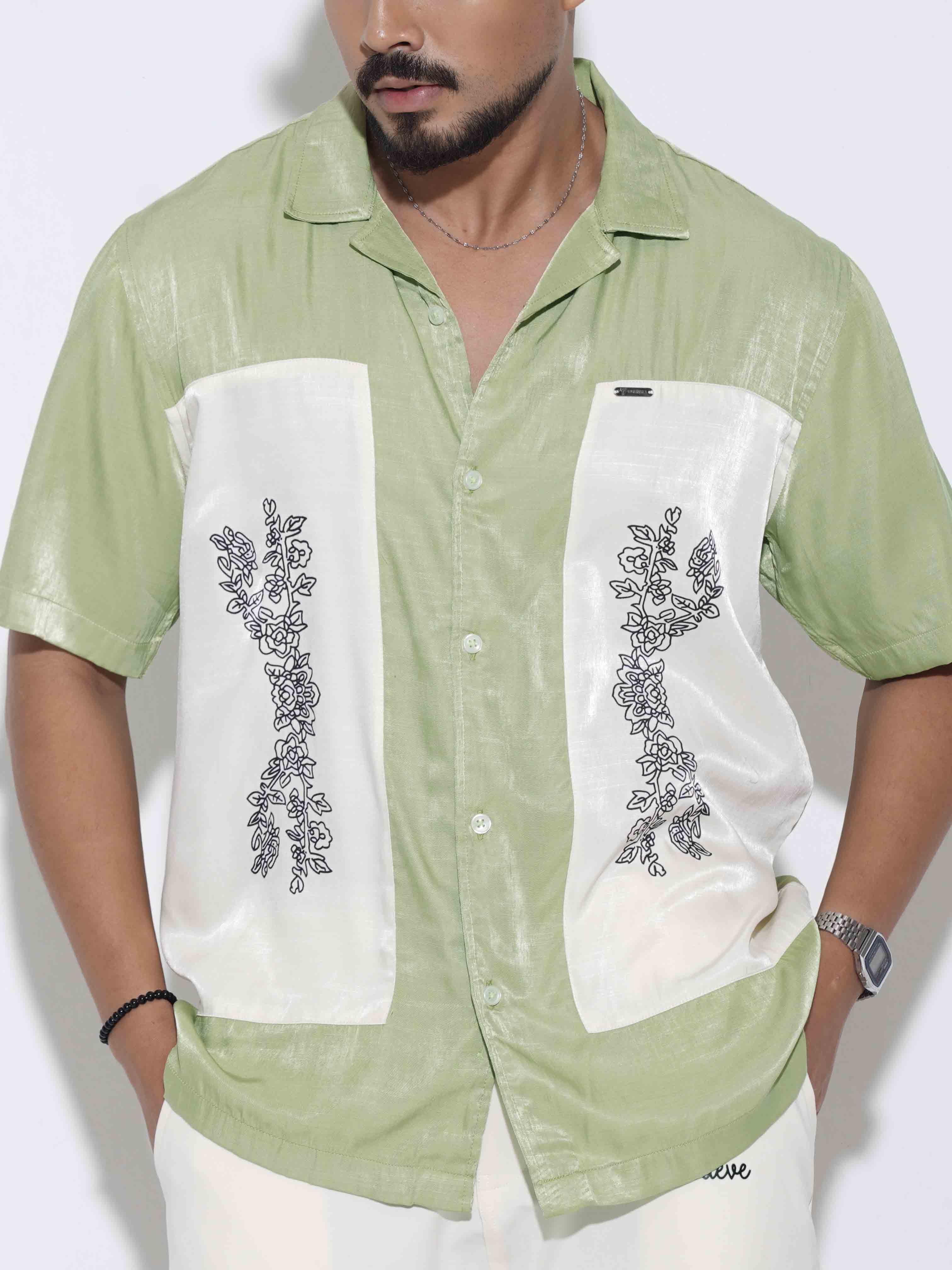 Green color cream embroidey design premium havana shirt