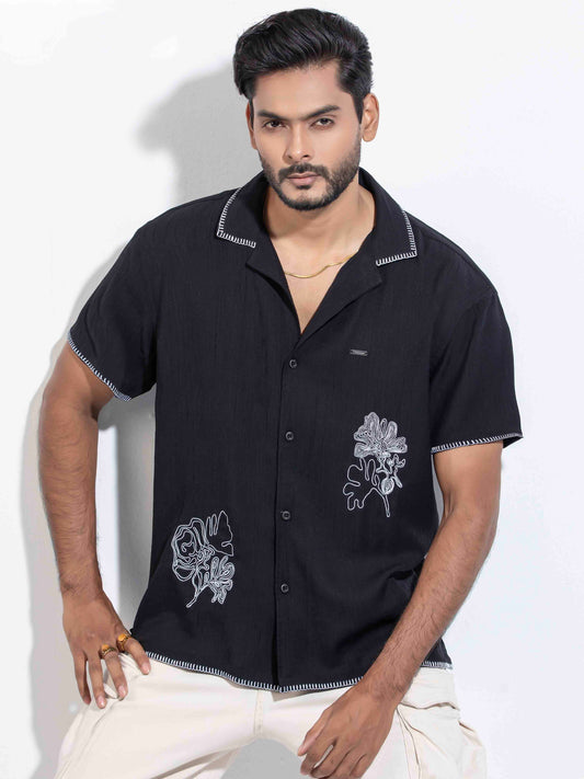 Black Flower Embroidery Viscos havana shirt