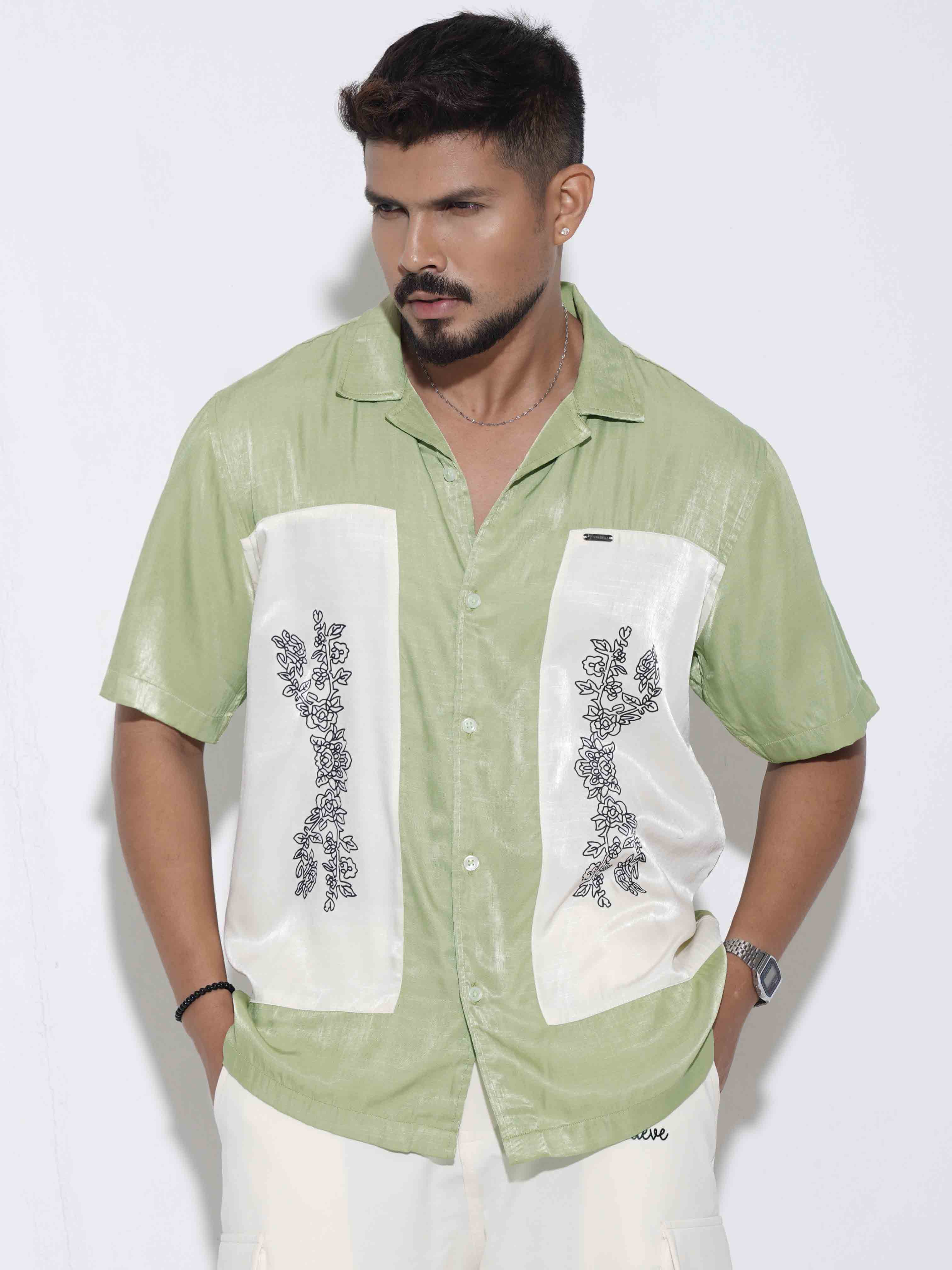 Green color cream embroidey design premium havana shirt