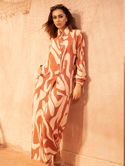 Coral cream nude Blob Printed Female Co-Ord Set