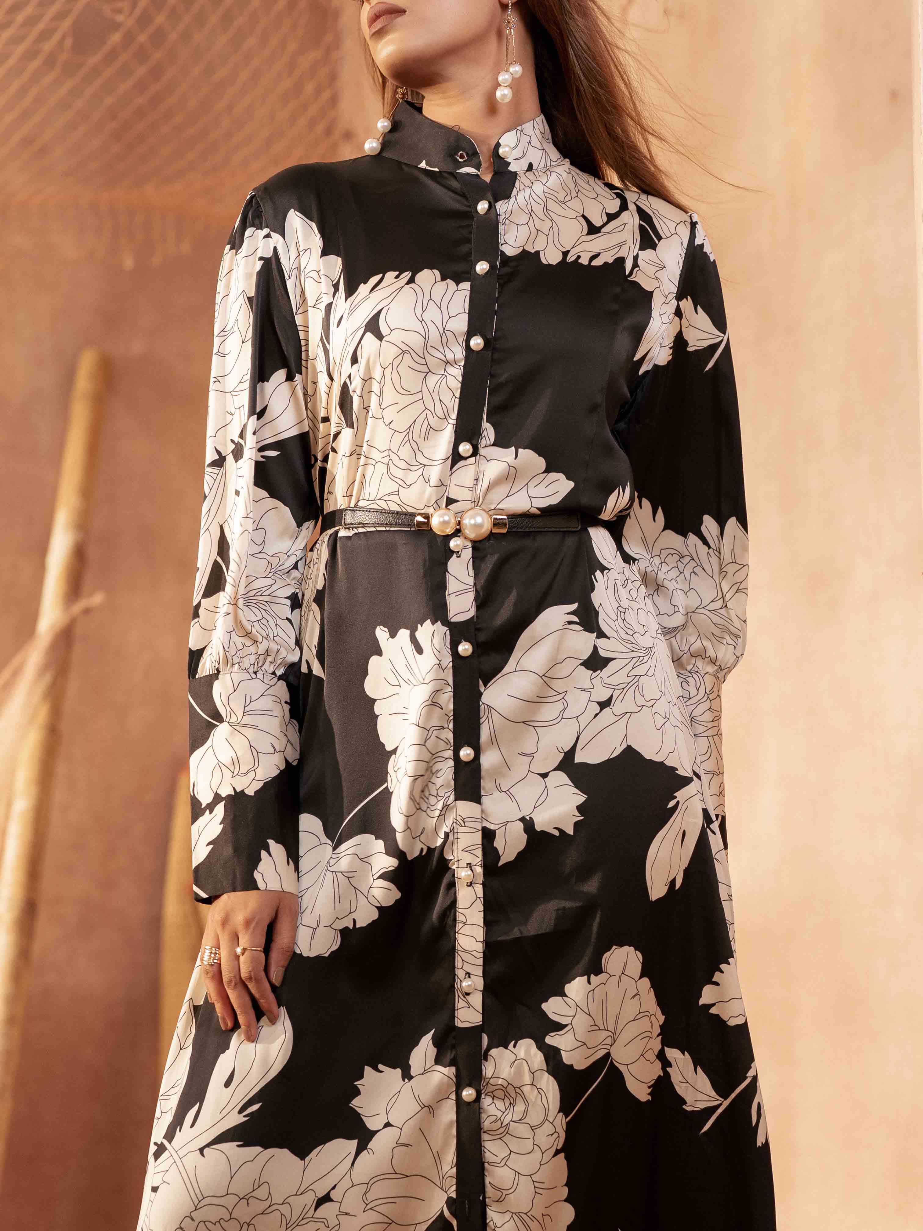 Black flaky Cream Floral printed Female Long Gown