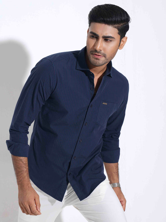 Deep blue pink stripped band collar shirt