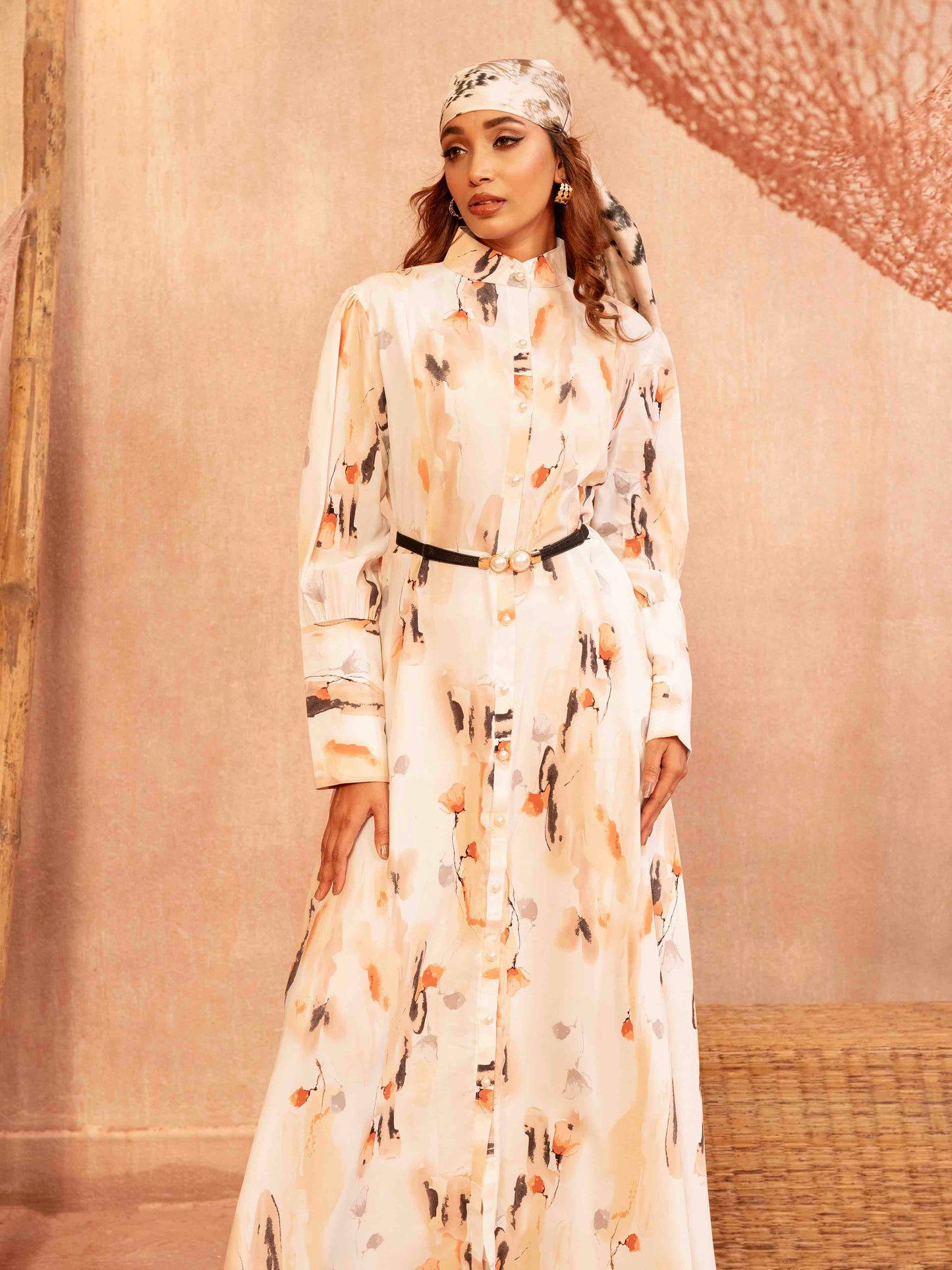 White orange black printed Female Long Gown