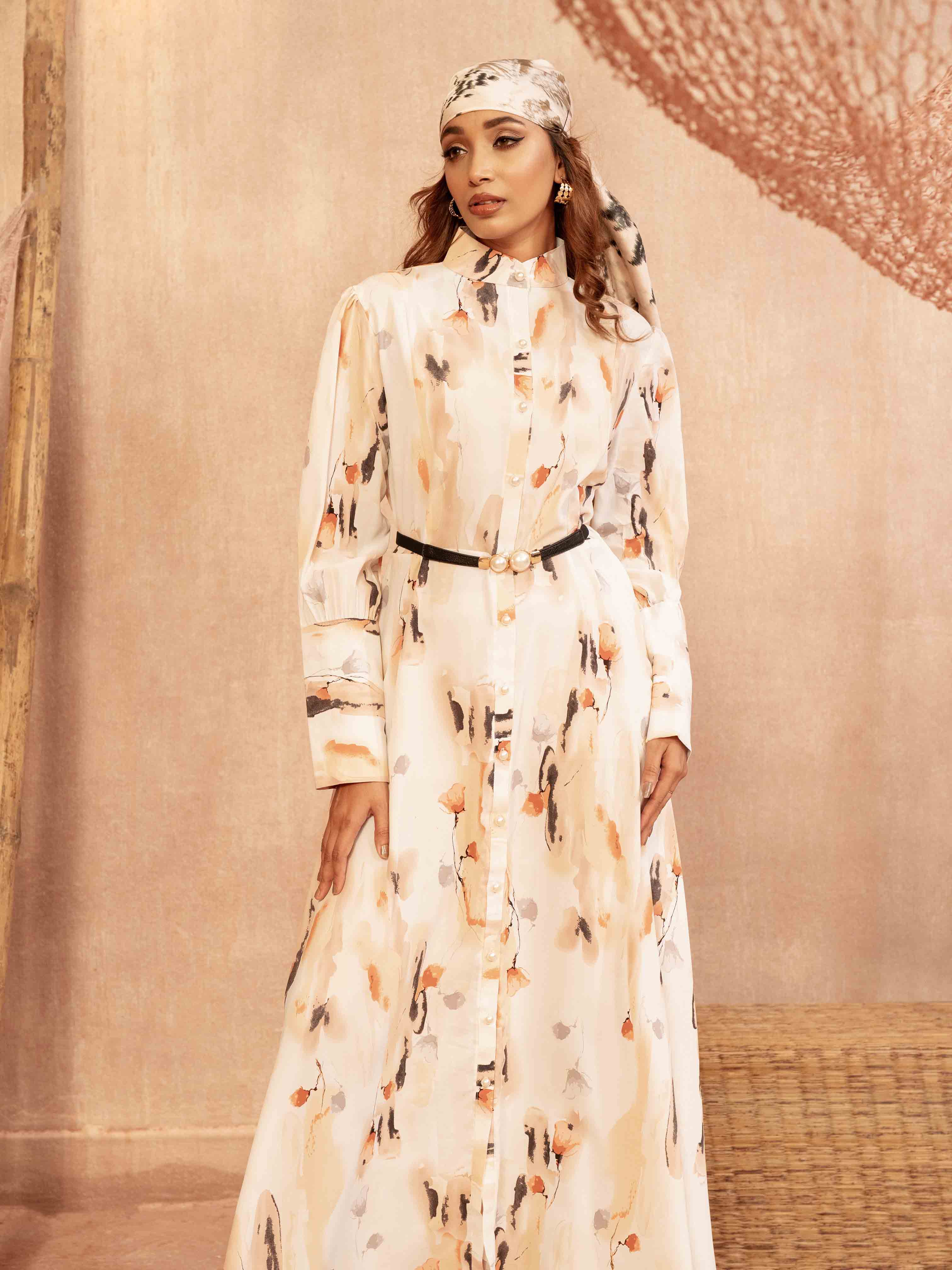 White Orange Black Printed Gown for Women - Stylish Long Dress