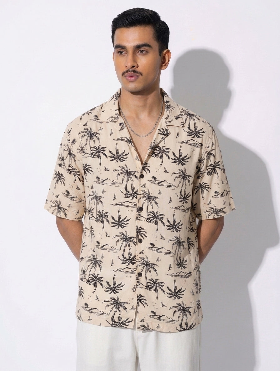 Beige Black Palm tree printed havana shirt