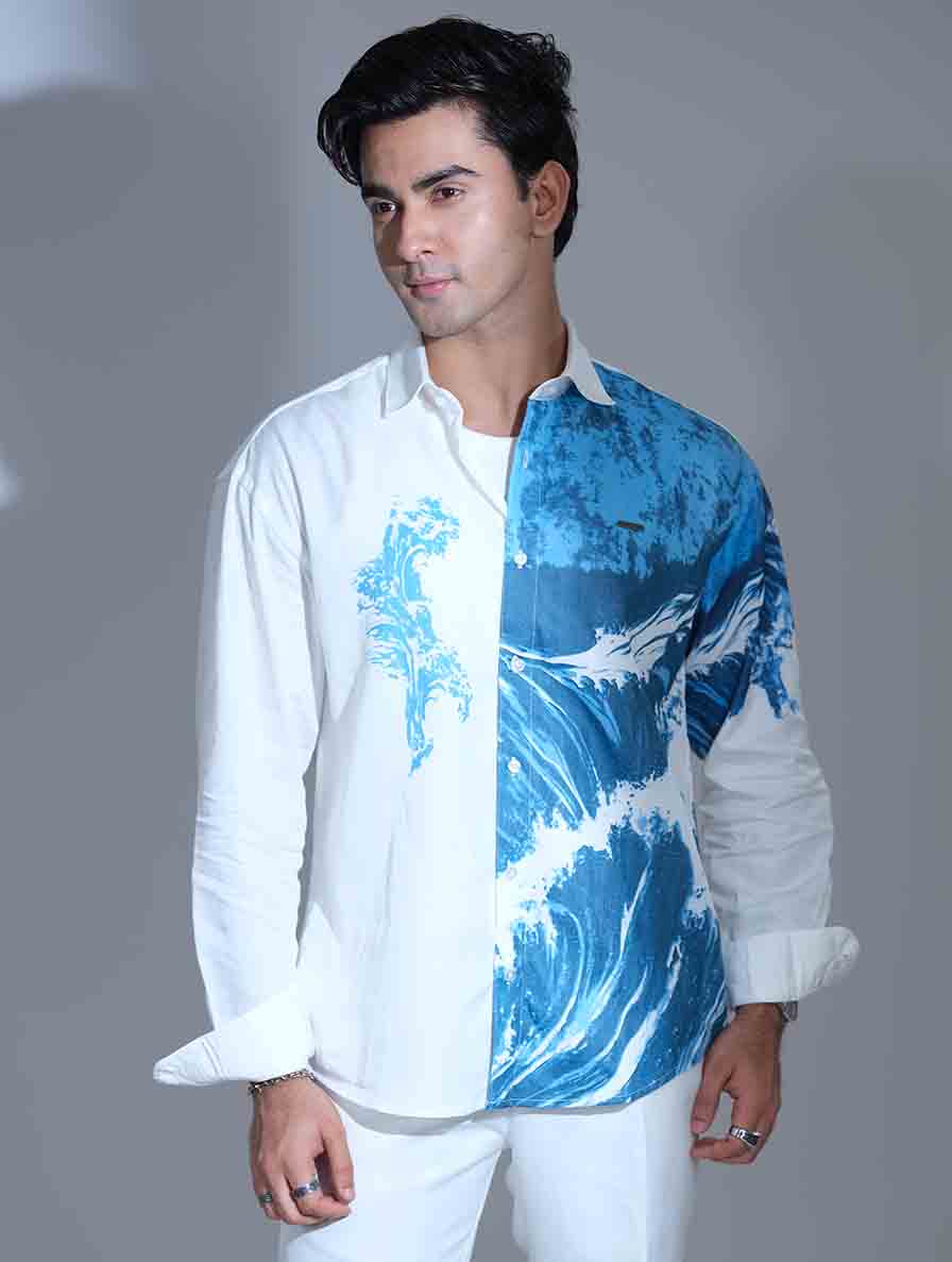 White Blue Half Body Printed Shirt