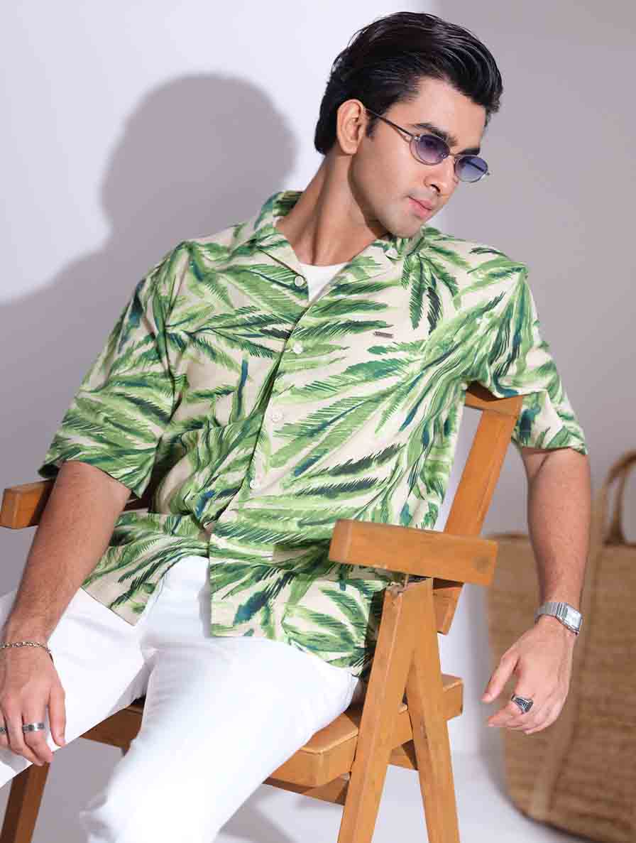 Cream and green leaf printed drop shoulder havana shirt