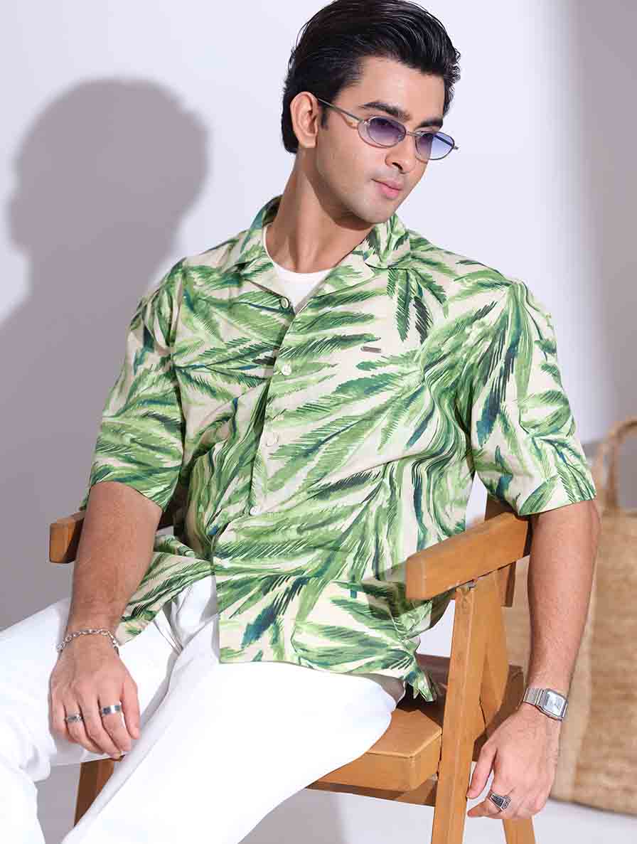 Cream and green leaf printed drop shoulder havana shirt
