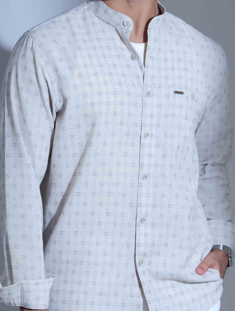 White texture embroidered band collar full sleeve shirt