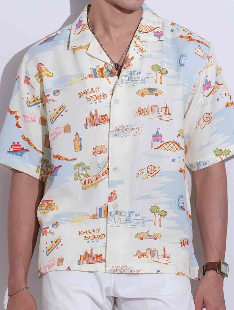 Cream printed drop shoulder havana shirt