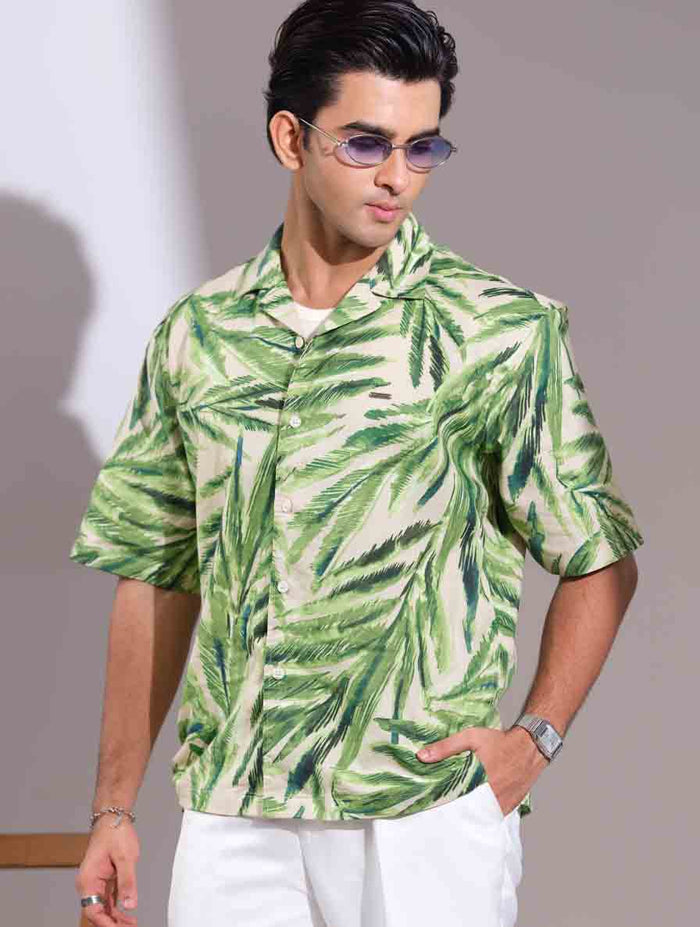 Cream green leaf printed havana shirt