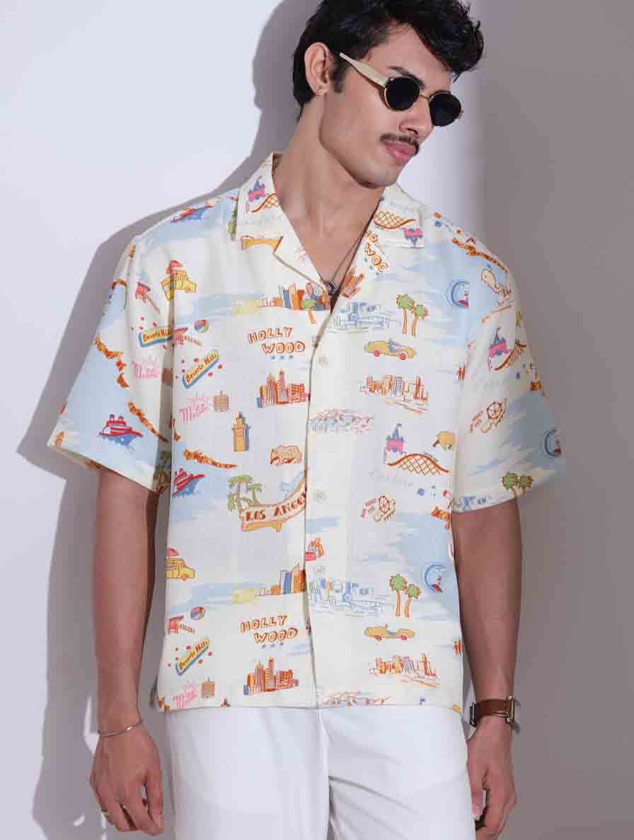 Cream printed drop shoulder havana shirt