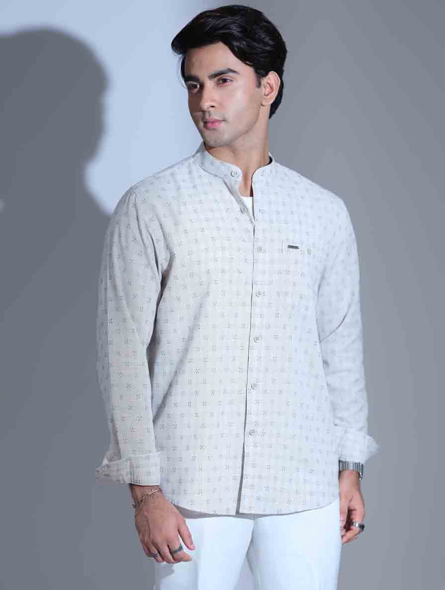 White texture embroidered band collar full sleeve shirt