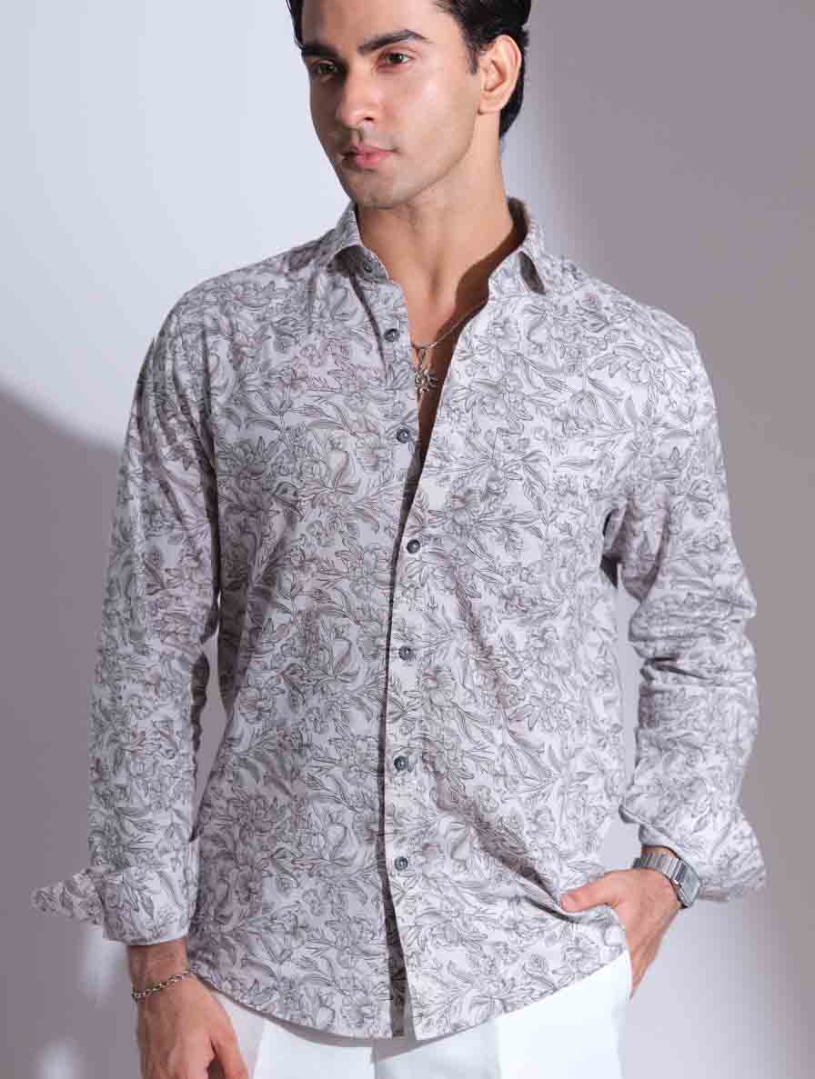 Gray Ash Flower Print Full Sleeve Shirt
