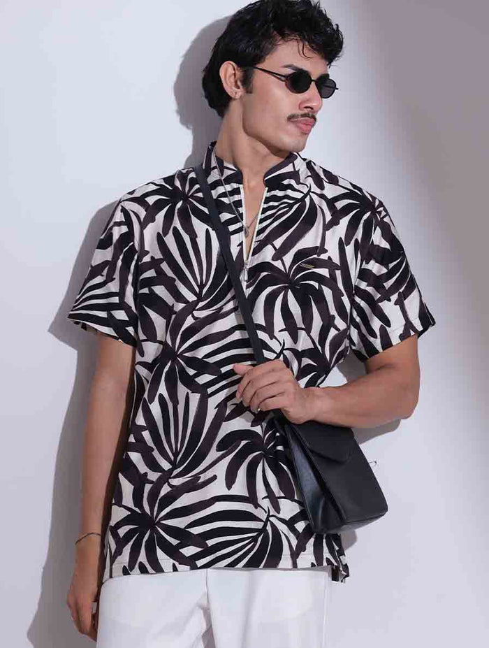 Cream and Black Zipper Design Drop Shoulder Shirt