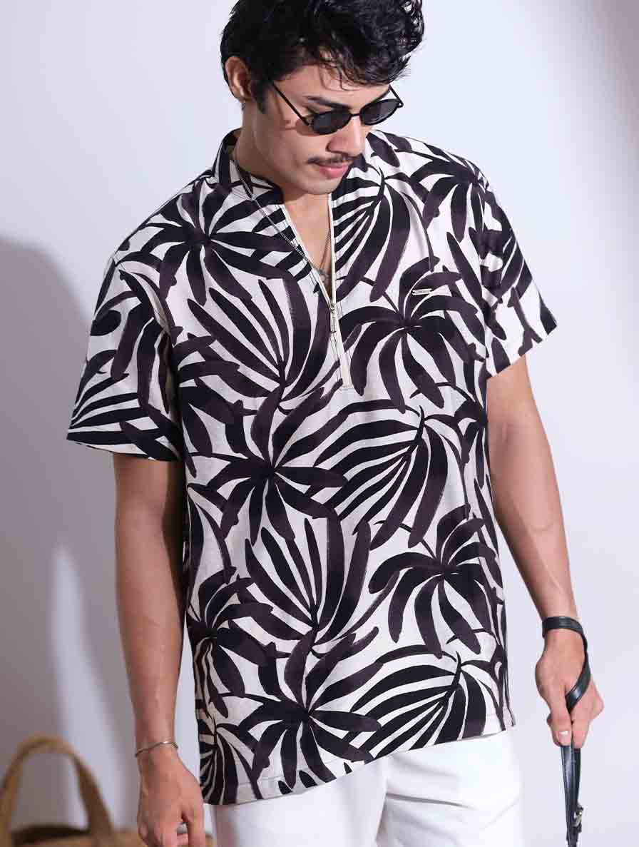 Cream and black zipper design drop shoulder shirt