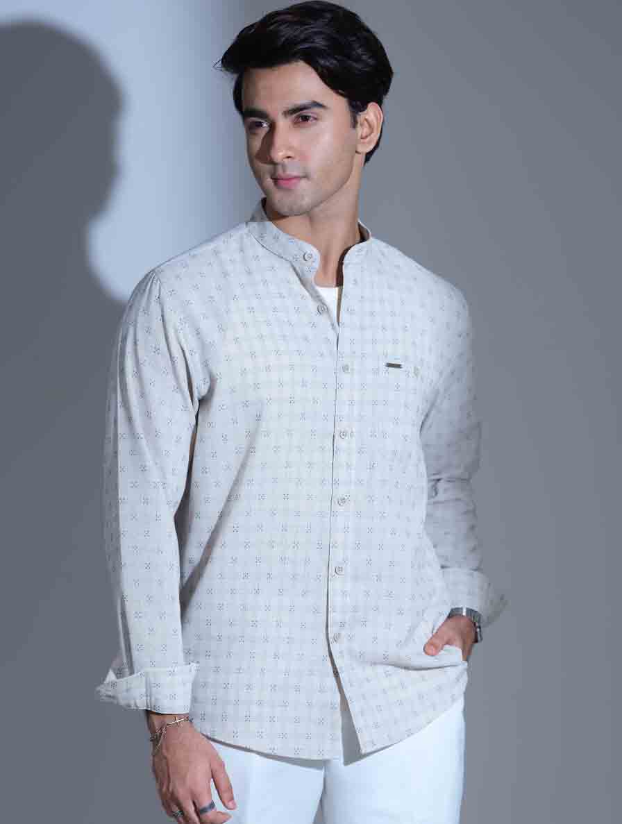 White texture embroidered band collar full sleeve shirt