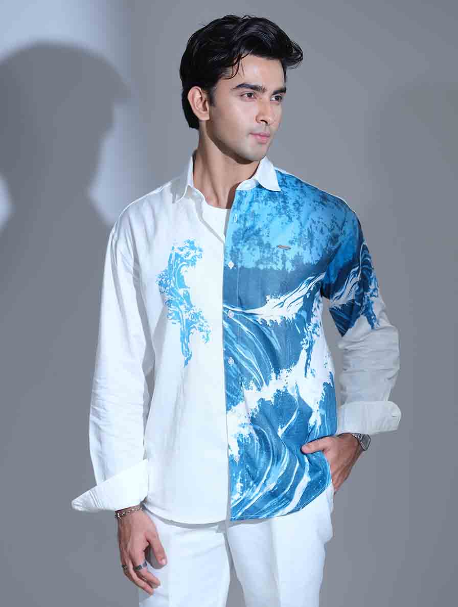 White Blue Half Body Printed Shirt