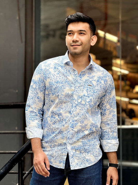 White Yale Blue Tree Branch Printed Full sleeve