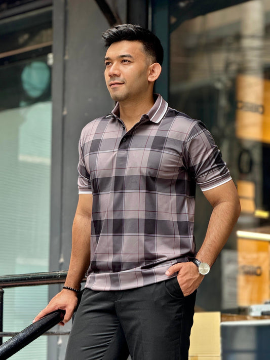 Fossil grey Black check premium polo shirt