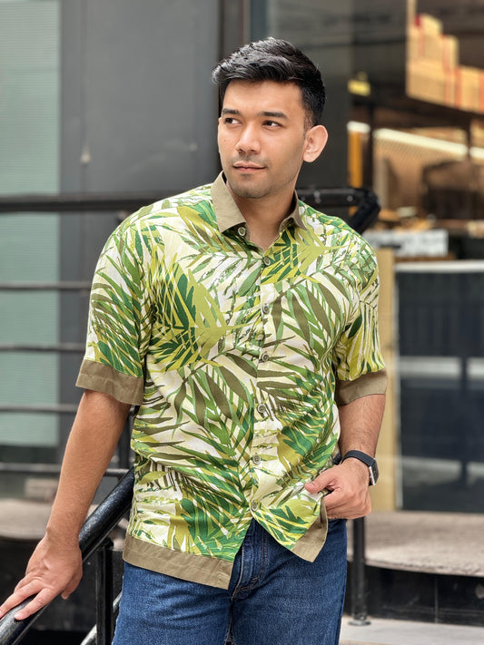 Pickle color printed olive contrast Drop-shoulder half sleeve