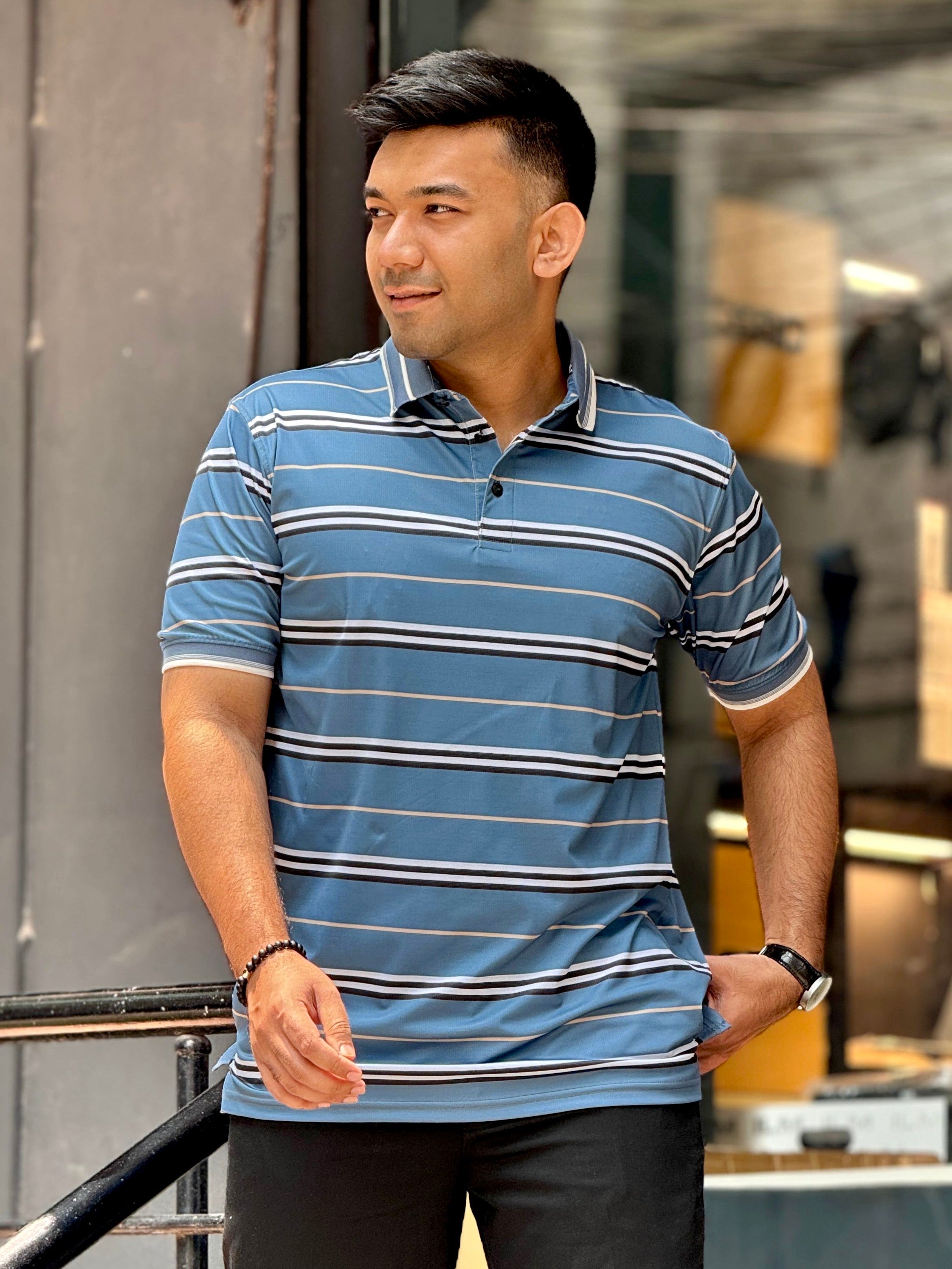 Sapphire blue stripe premium polo shirt