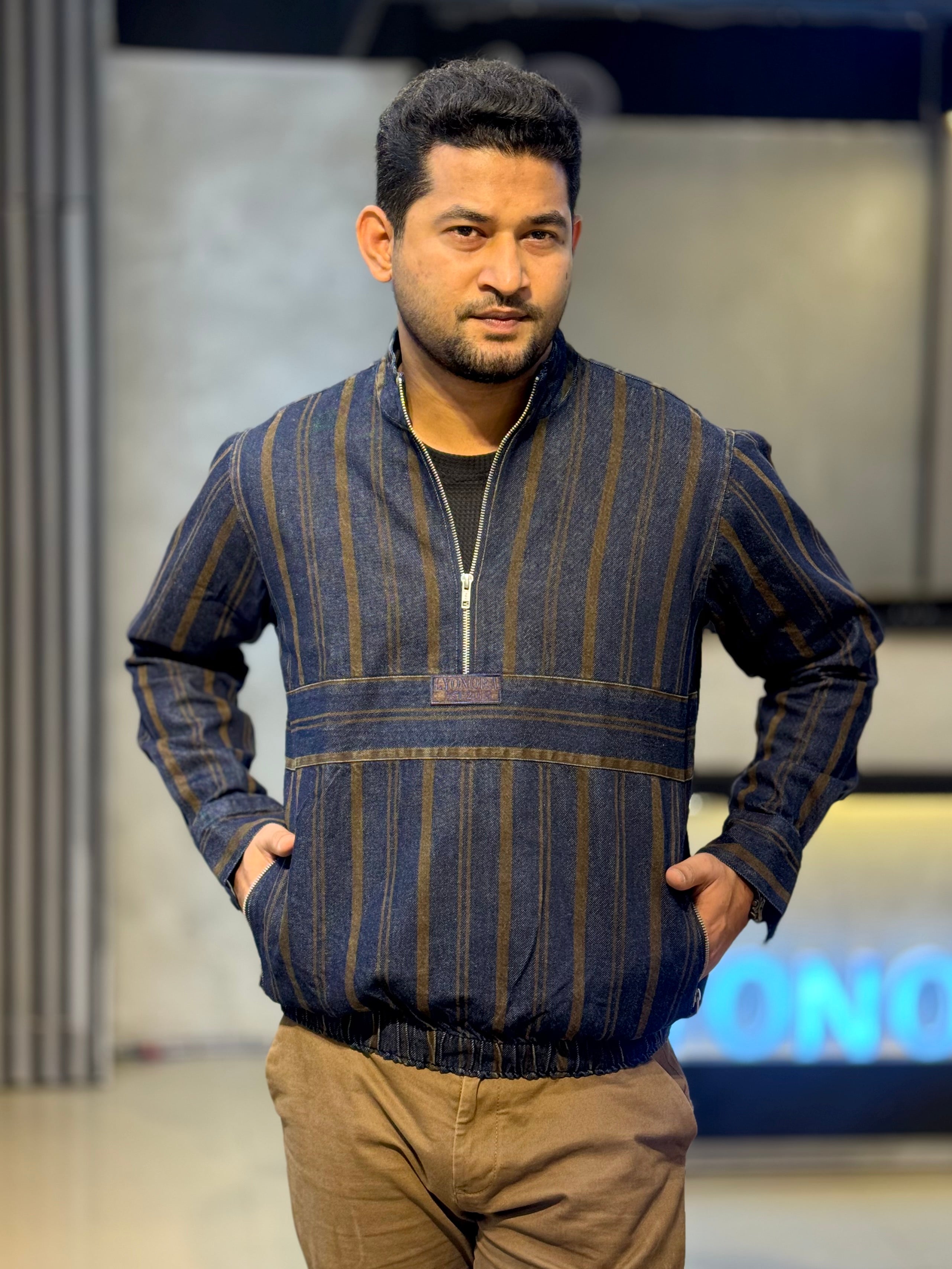 Blue Brown stripe denim half zipper jacket