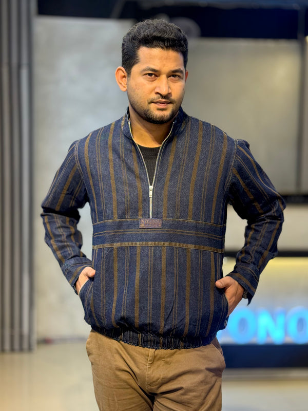 Blue Brown stripe denim half zipper jacket