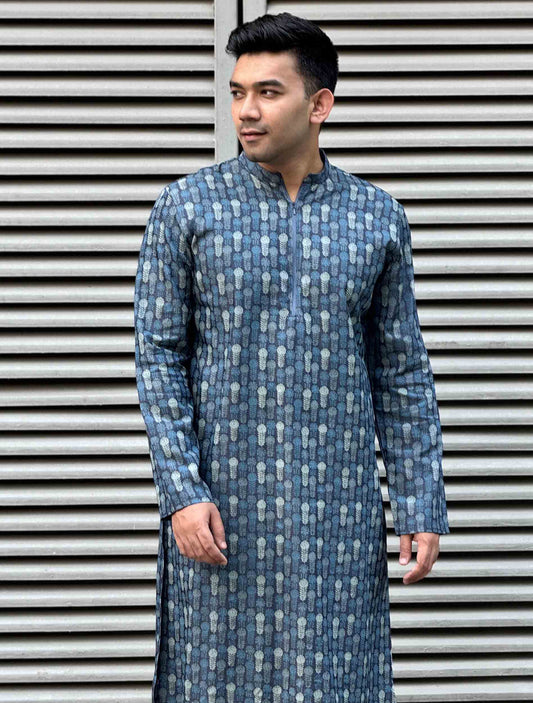 Blue Flower zipper design premium cotton panjabi
