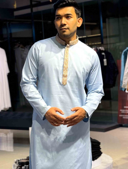 Ice Blue Plate embroidery premium Panjabi