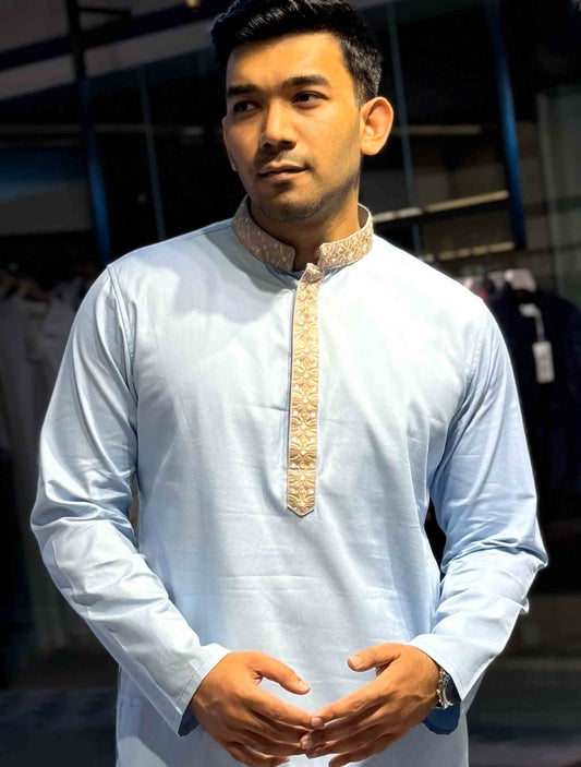 Ice Blue Plate embroidery premium Panjabi