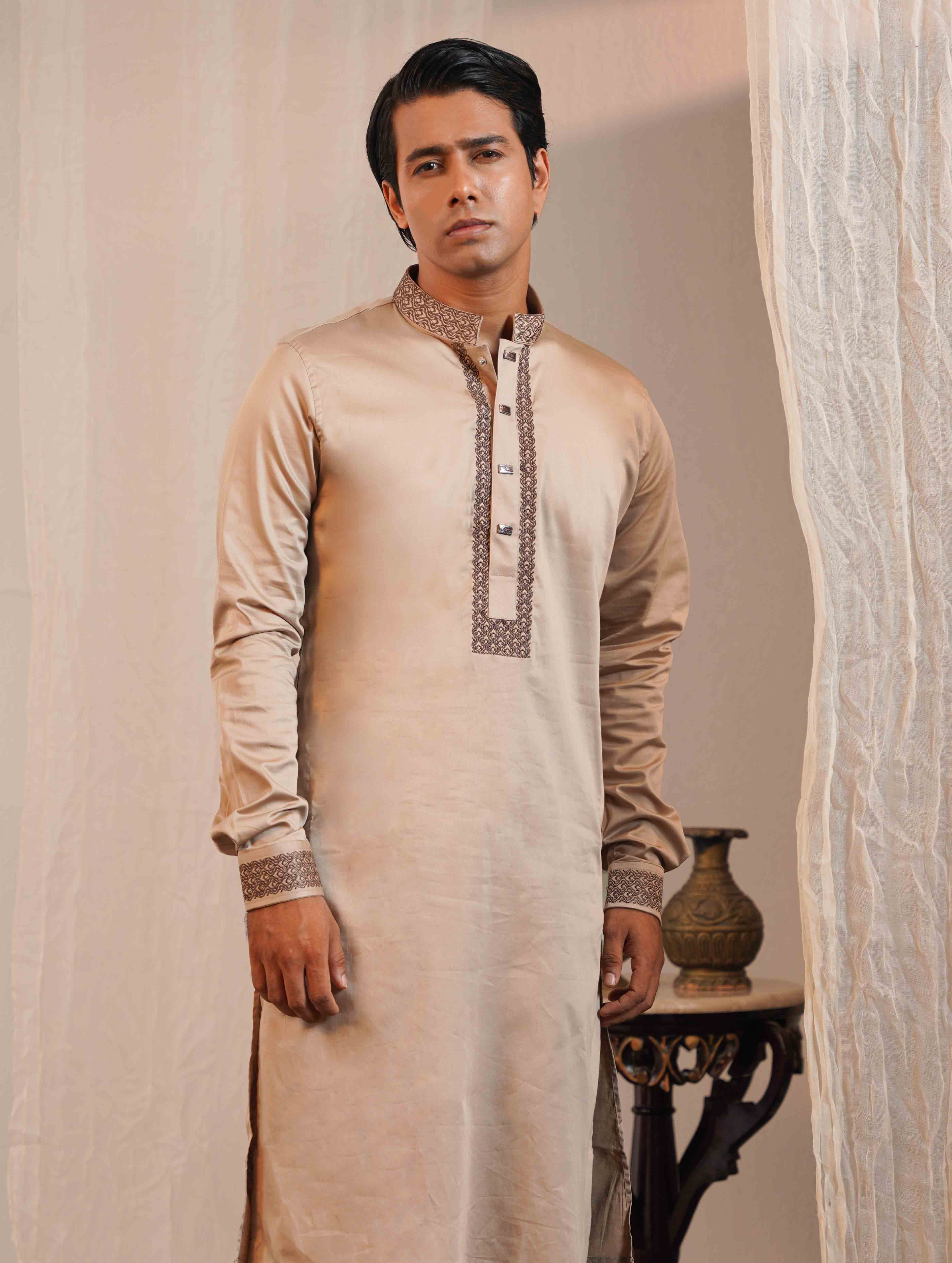 Golden beige black collar cuff Embroidery premium Panjabi