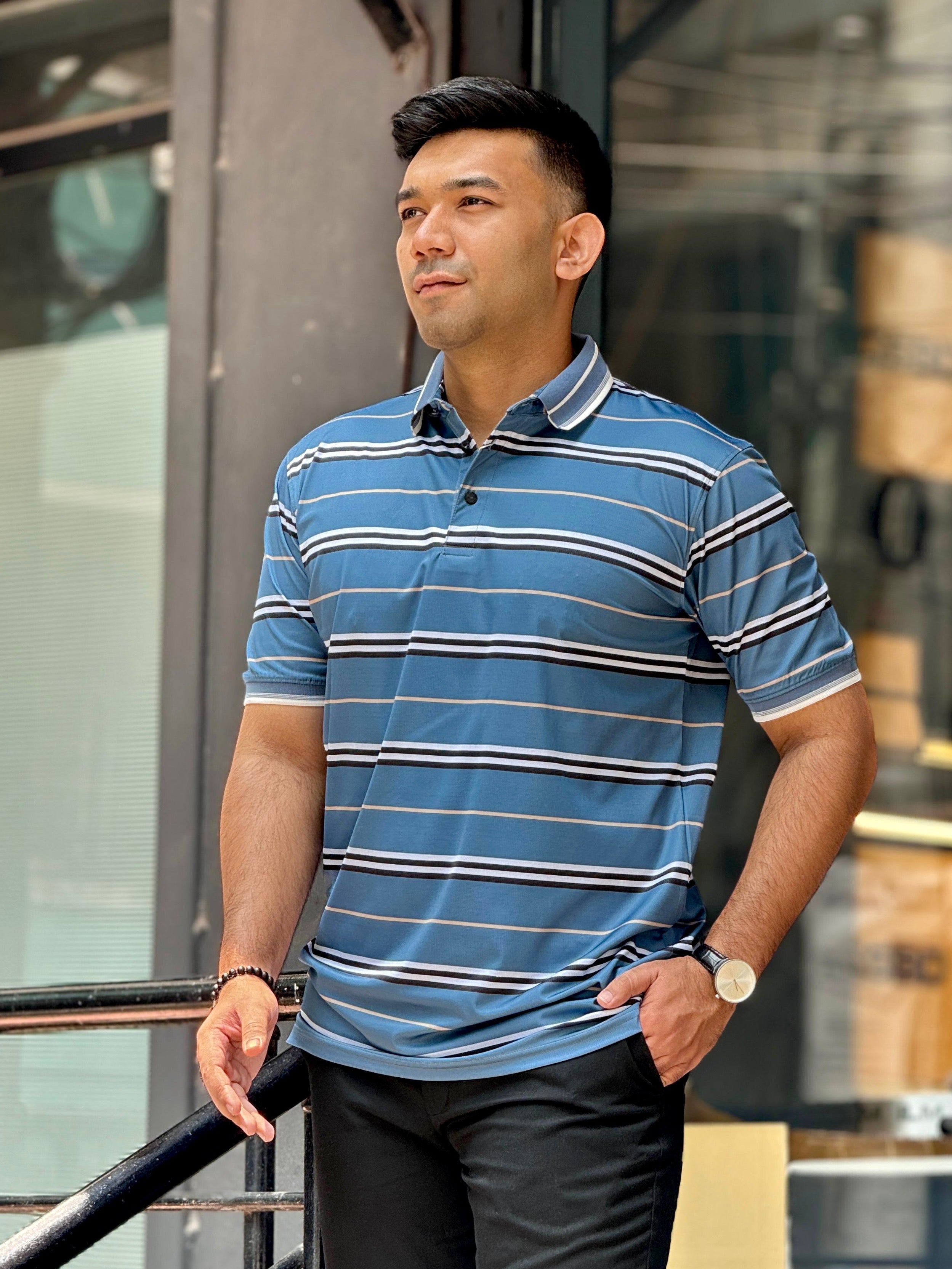 Sapphire blue stripe premium polo shirt