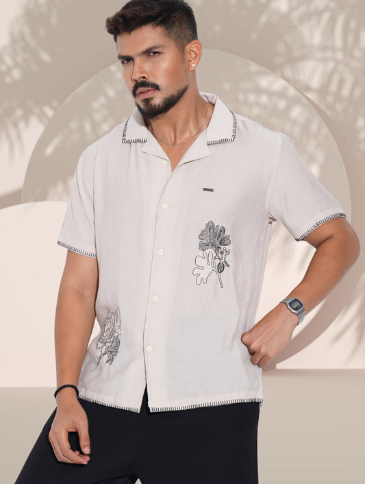 Cream Flower Embroidery Viscos havana shirt